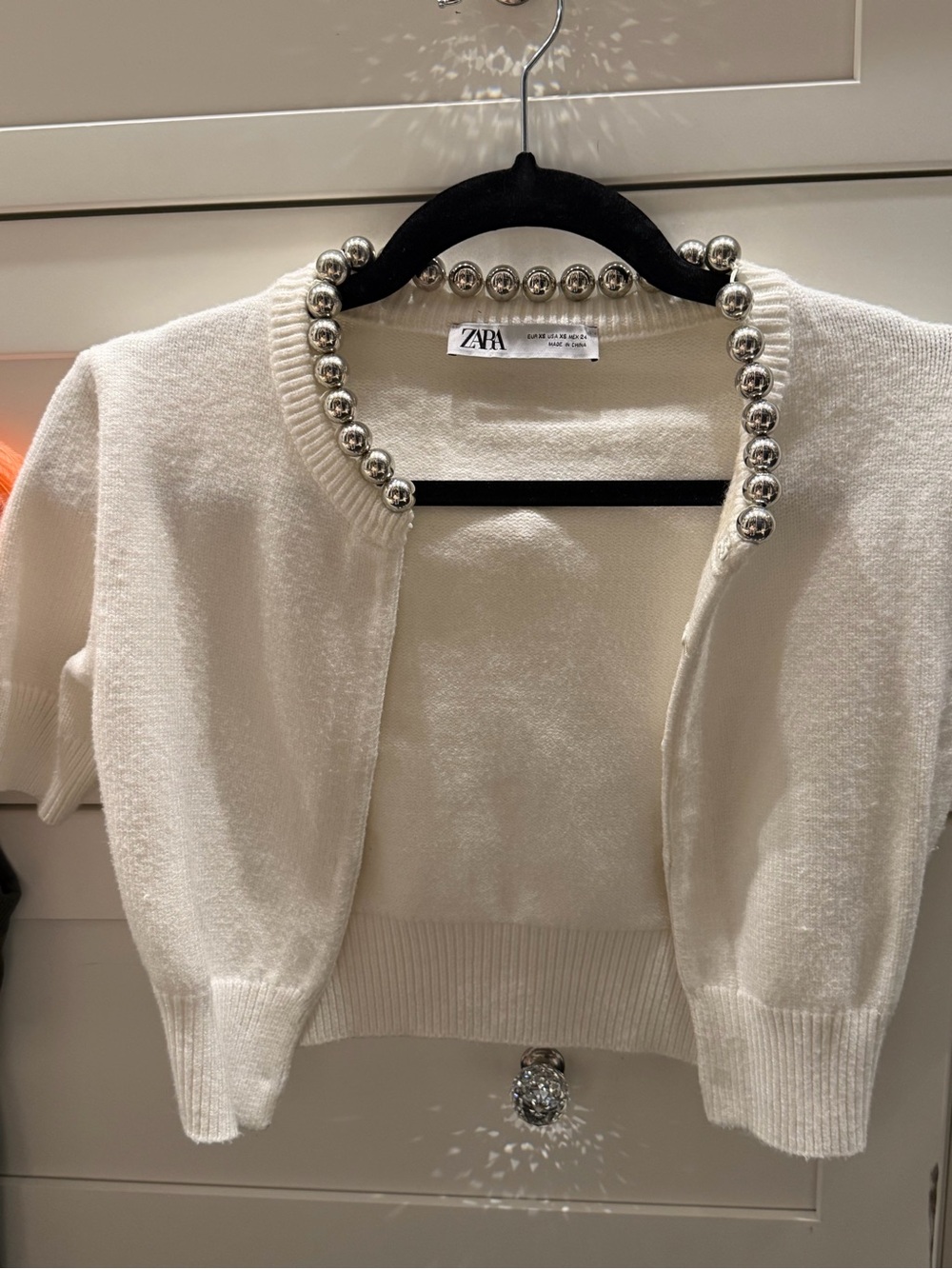 Zara Cream Short Sleeve Cardigan with Silver Bead Neckline